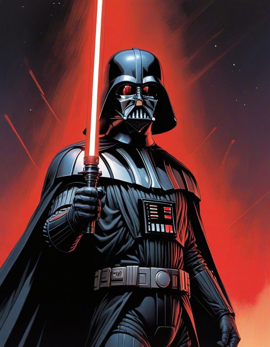 Anime painting of Darth Vader with a red light saber, Jack K...