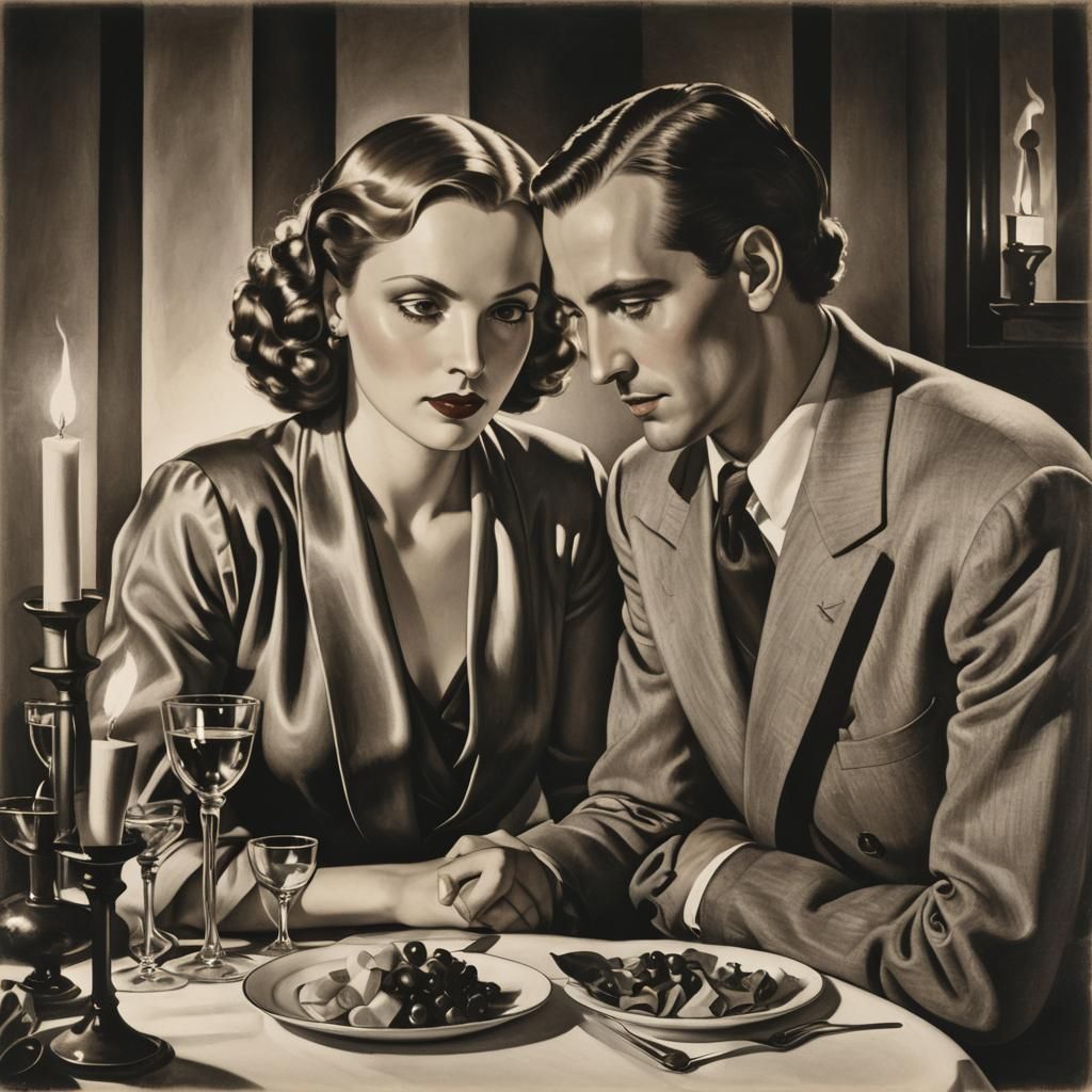 Couple in Art Deco Style, Candlelight Dinner