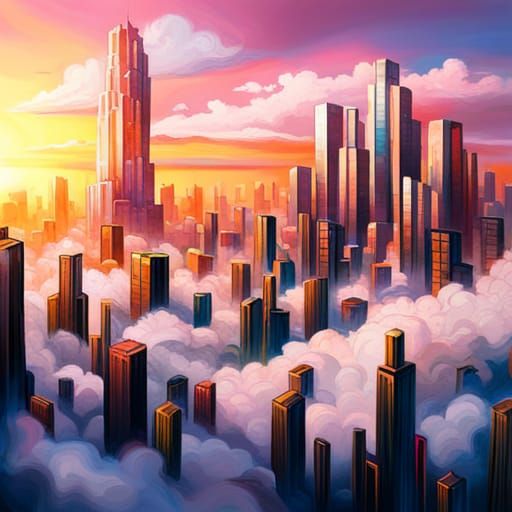 Crystalline City at Dusk: Graffiti Art Style