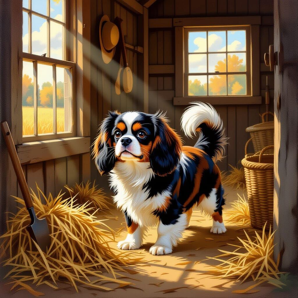 Cavalier Spaniel Explores Rustic Barn in Americana Scene