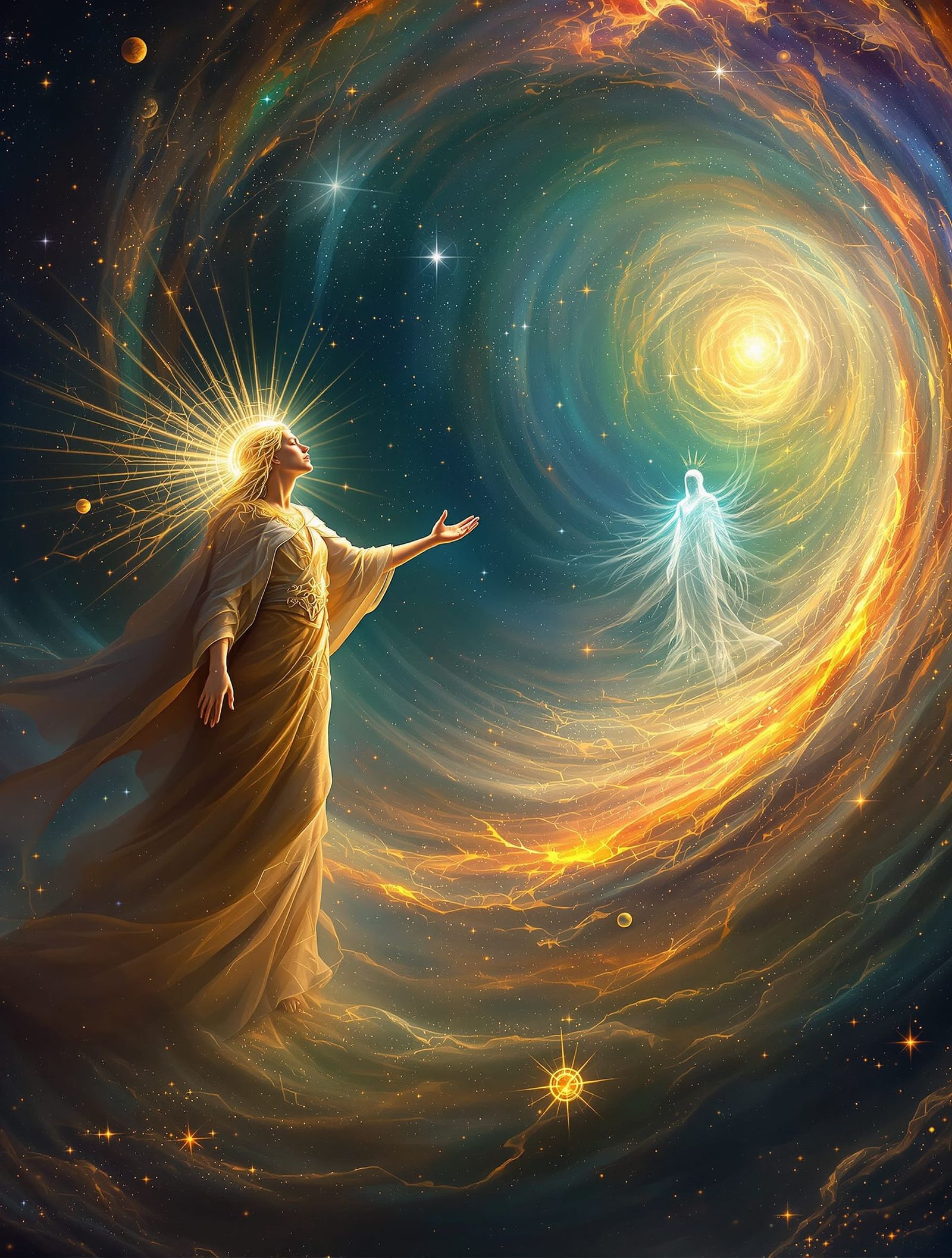 Divine Being Reveals Cosmic Creation to Awestruck Jinn King