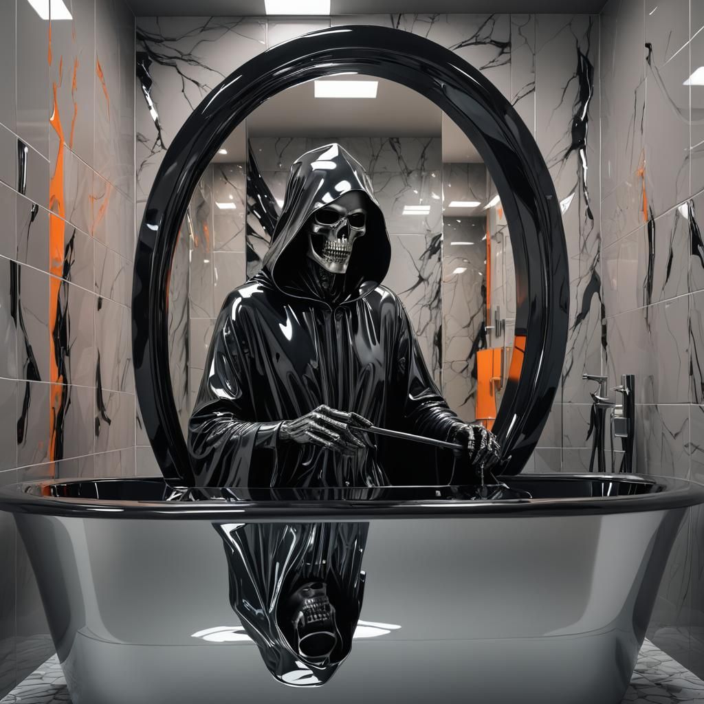 Futuristic Grim Reaper in Glass with Woman's Reflection