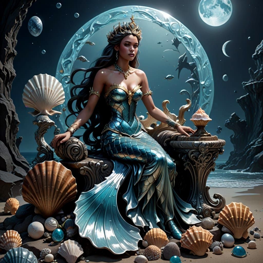 Mermaid Queen with Angel Fish, Baroque Fantasy Oil Painting