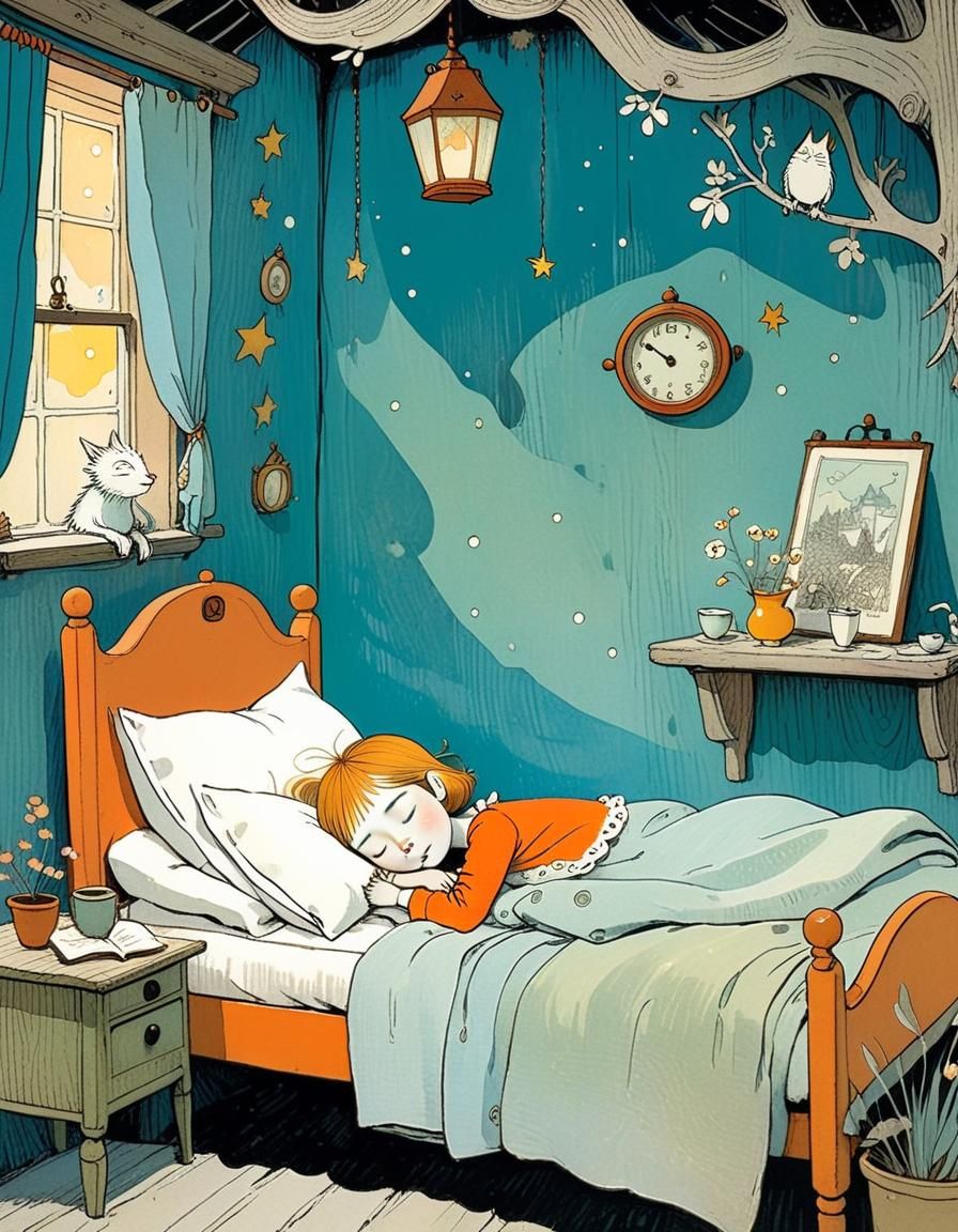 Sleepy Girl in Bed: Storybook Illustration