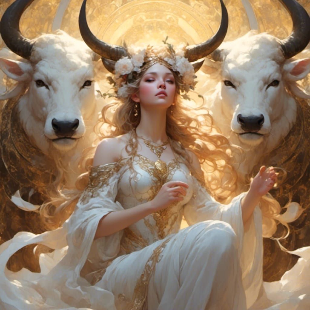 Taurus Goddess with Celestial Blossoms, Oil Painting