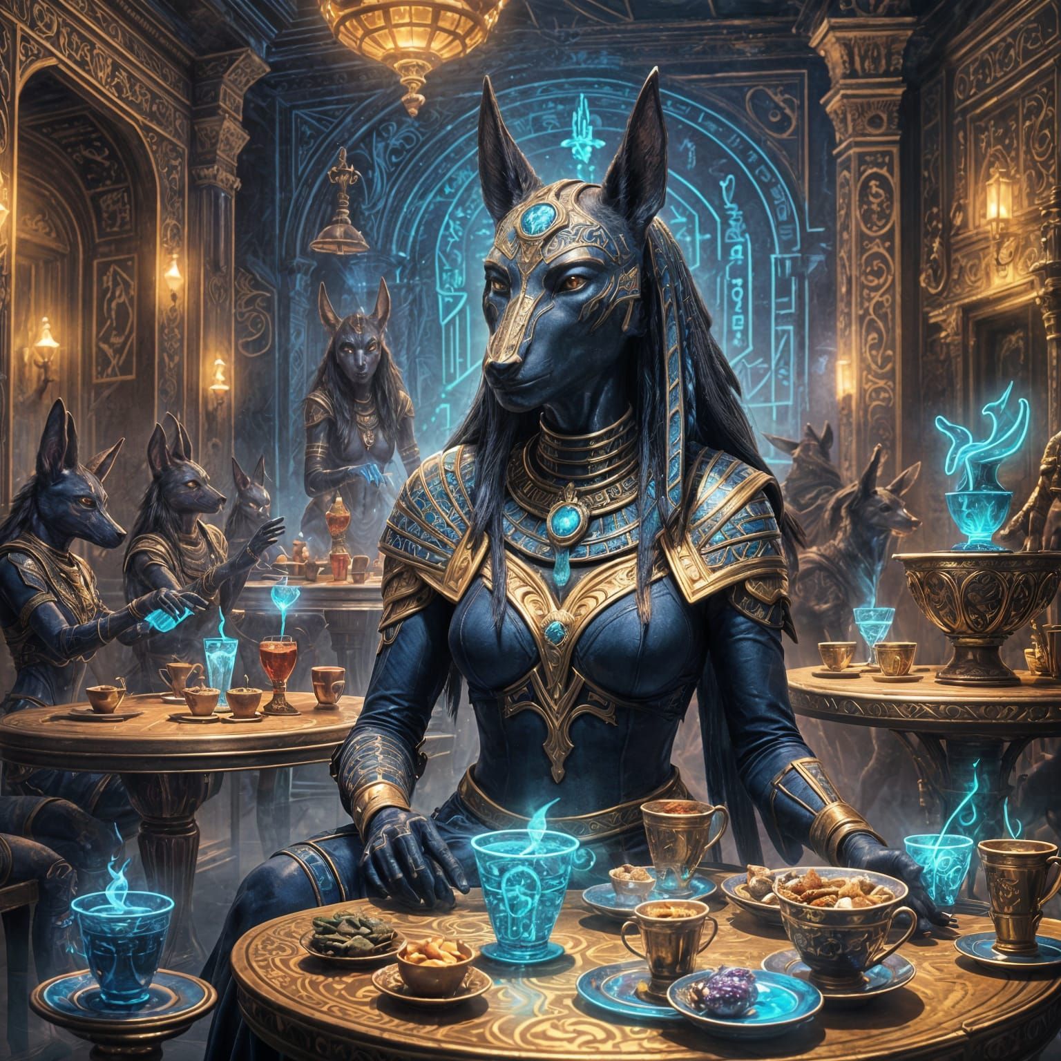 Neon Anubis in Enchanted Cafe: Fantasy Concept Art