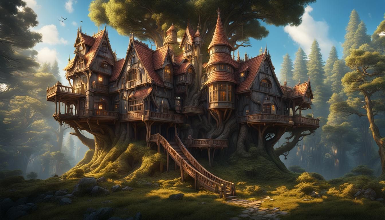 Fantastical Treehouse Castle in Pine Forest