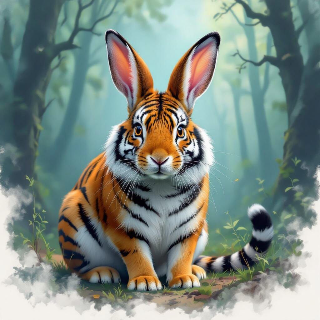 Surreal Rabbit Tiger Hybrid in Misty Forest