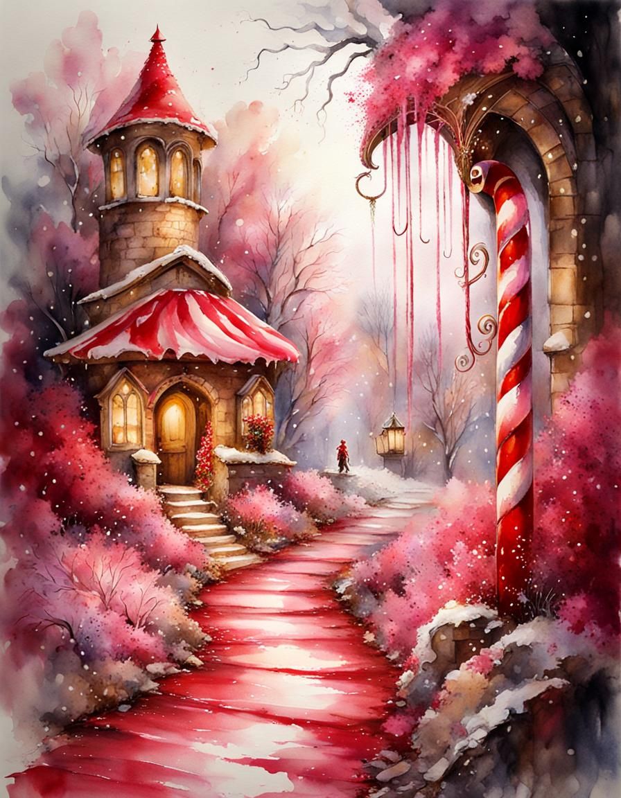 Candy Cane Gate to Sweets Heaven in Watercolor