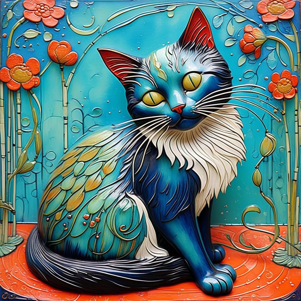 Encaustic Whimsical Cat Preening in Art Nouveau Style