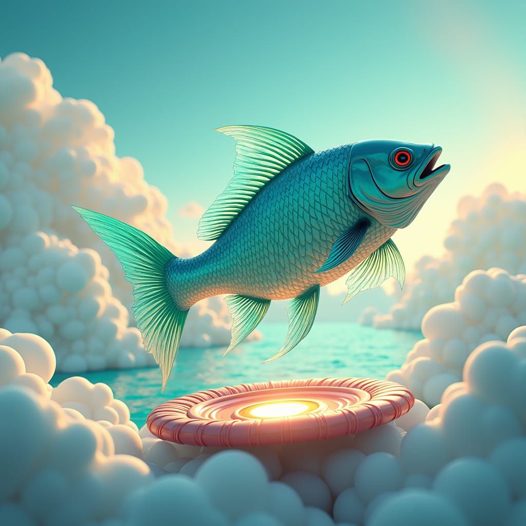 Fish on Trampoline in Surreal Dreamscape