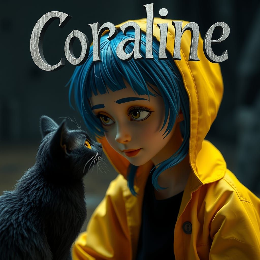 cinematic view of Coraline looking affectionately at the bla...