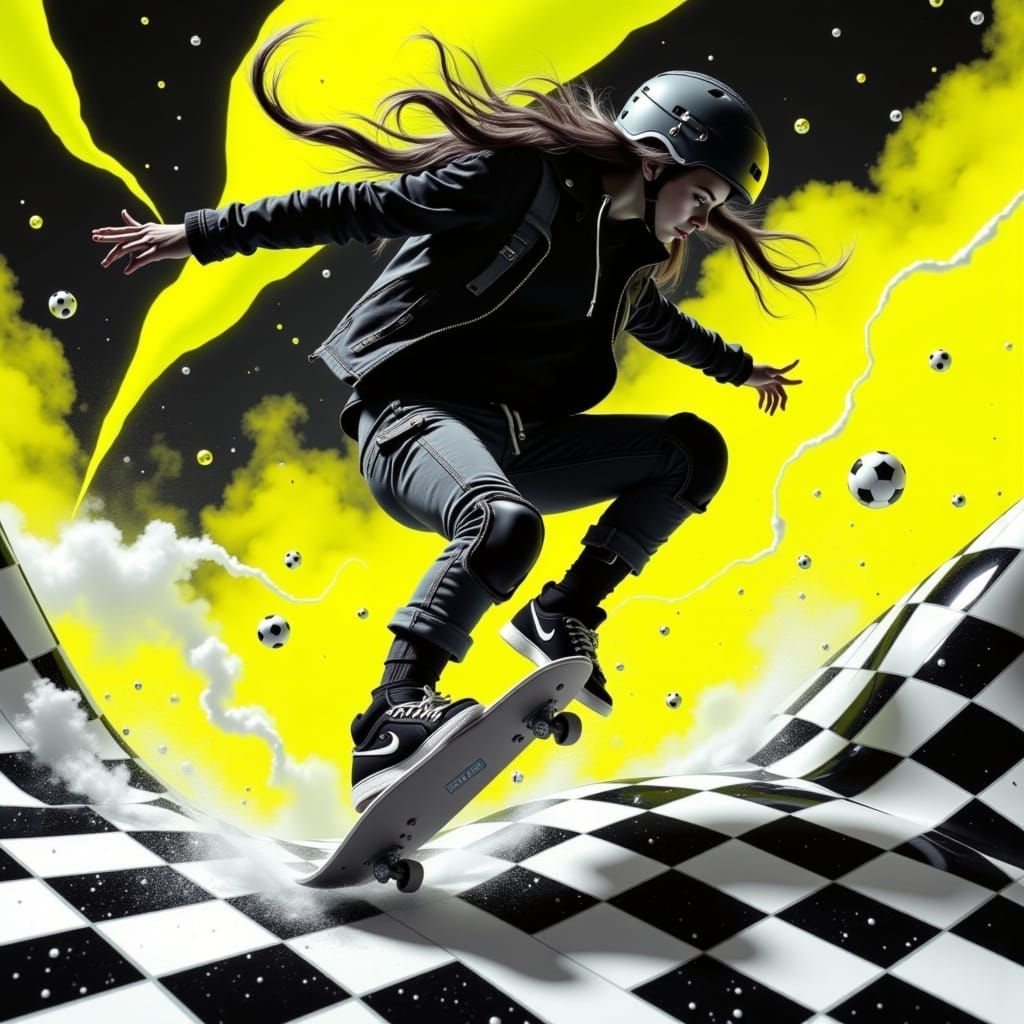 90s Skater in Air, Retro Aesthetic, Checkered Background