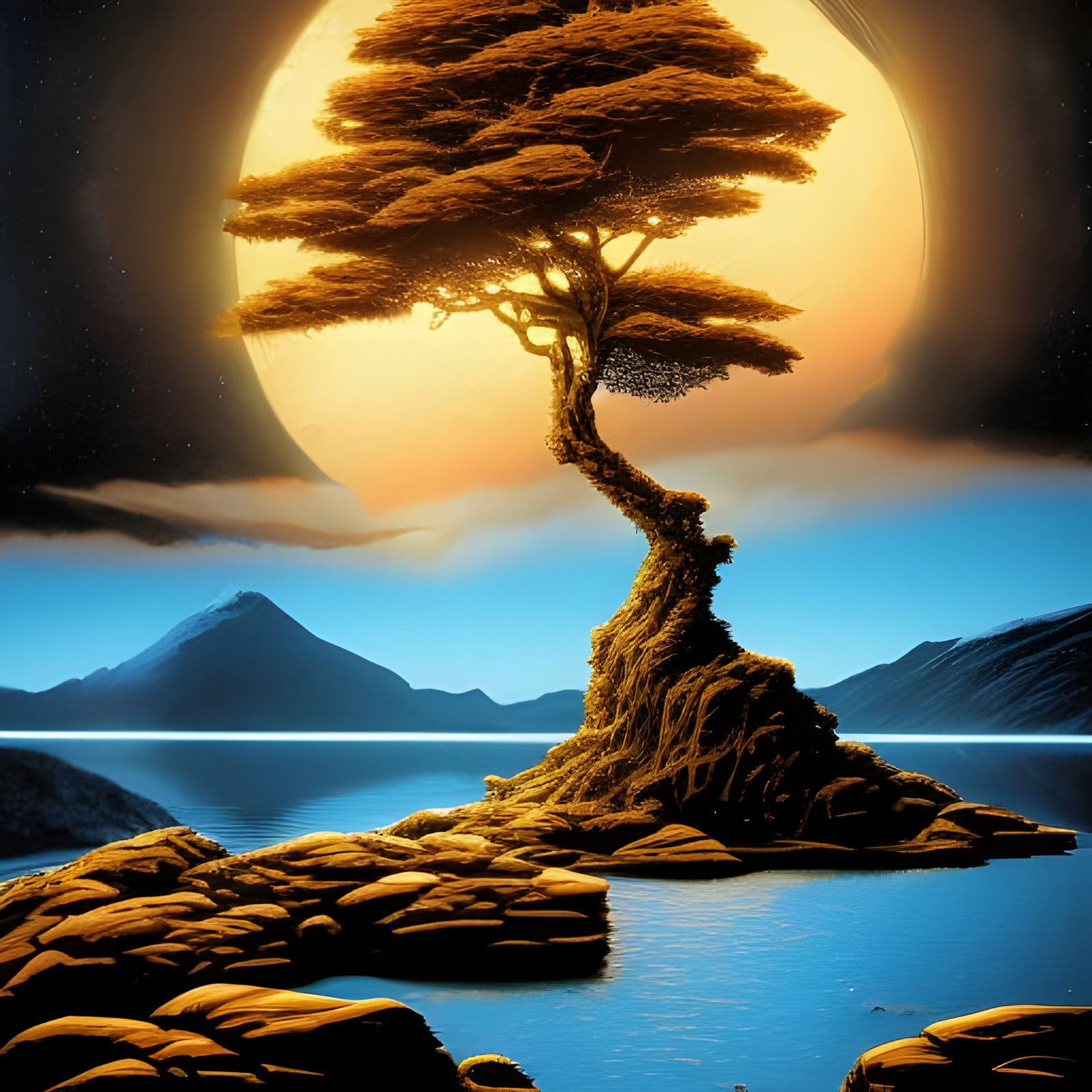 Golden Tree in Lake: Comic Book Art Style