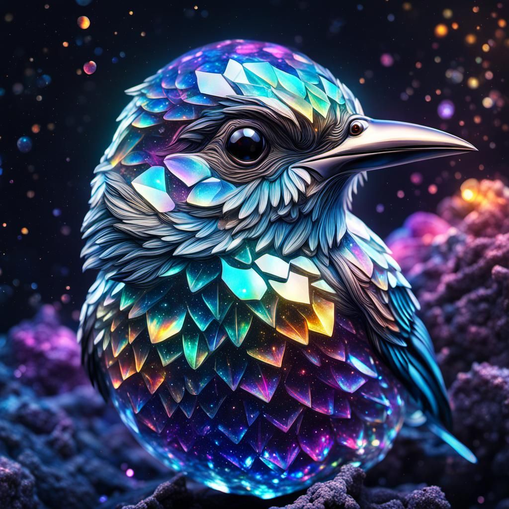 Iridescent Crystal Bird in Cosmic Illustration