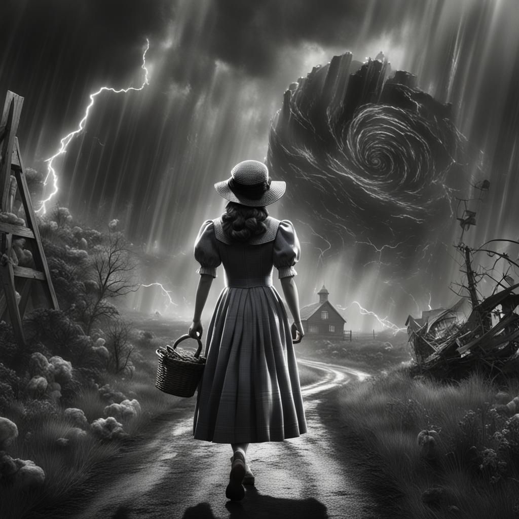 wizard of oz dorothy in the tornado black and white