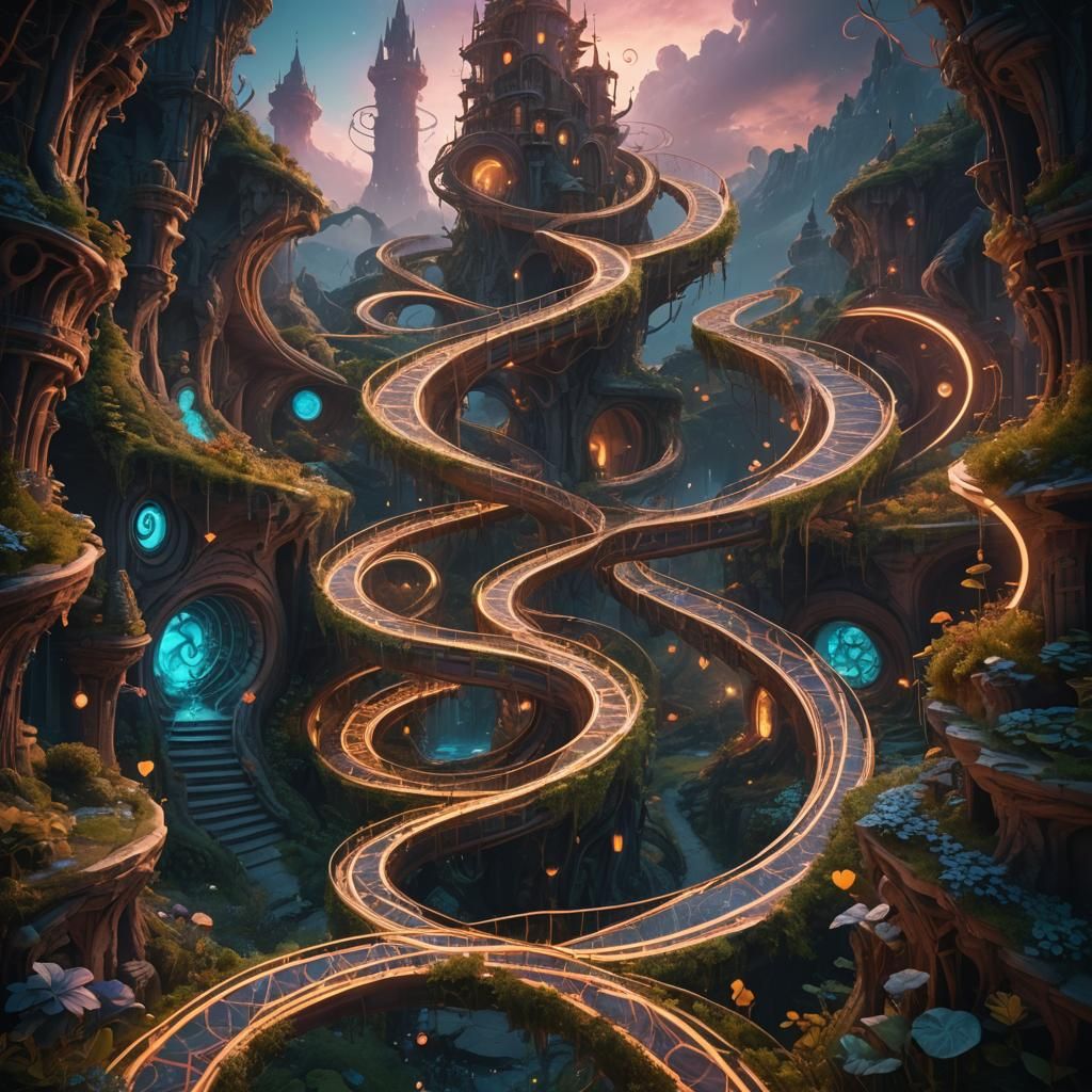 Ethereal Dreamscape: Spiraling Paths and Floating Figures
