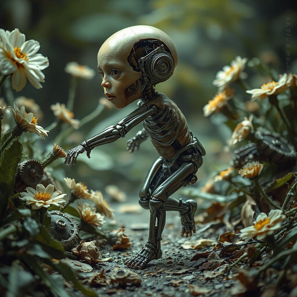 Biomechanical Baby in Gothic Garden: Dark Fantasy Art