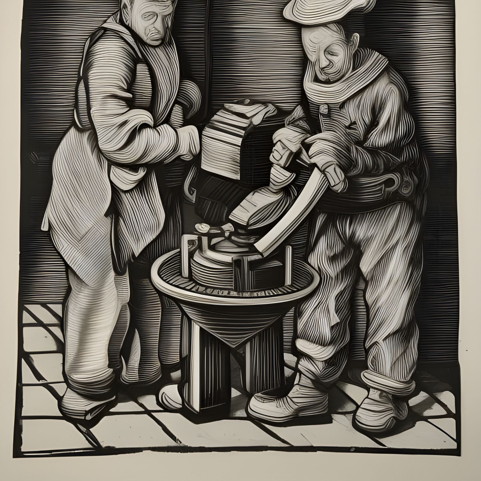 Checkered Workers Forging Wheel as Linocut