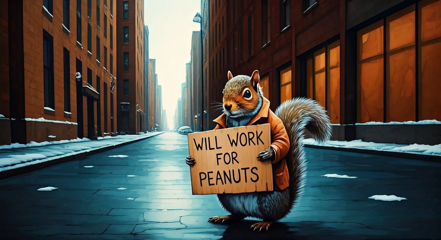 Determined Squirrel in Anamorphic Cityscape