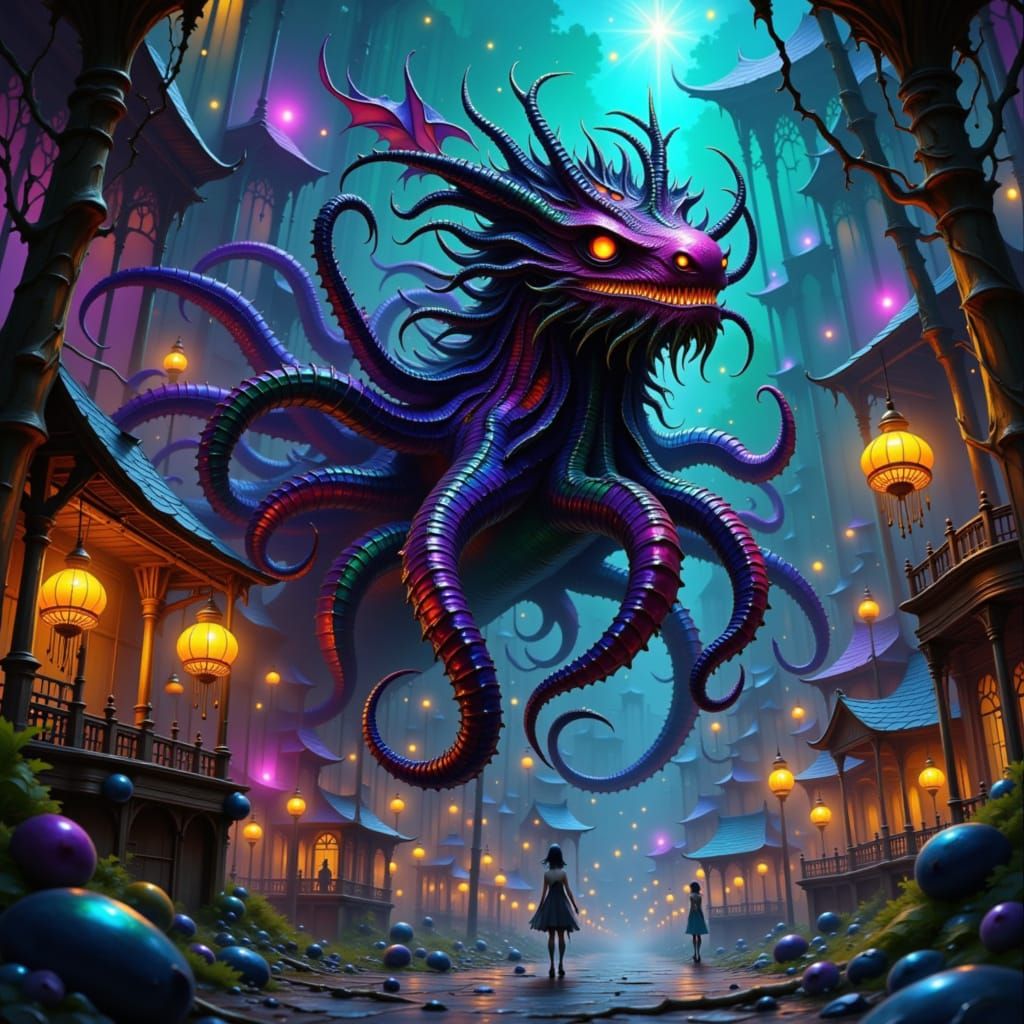 Mystical Octopi-Dragon Hybrid in Abandoned Carnival