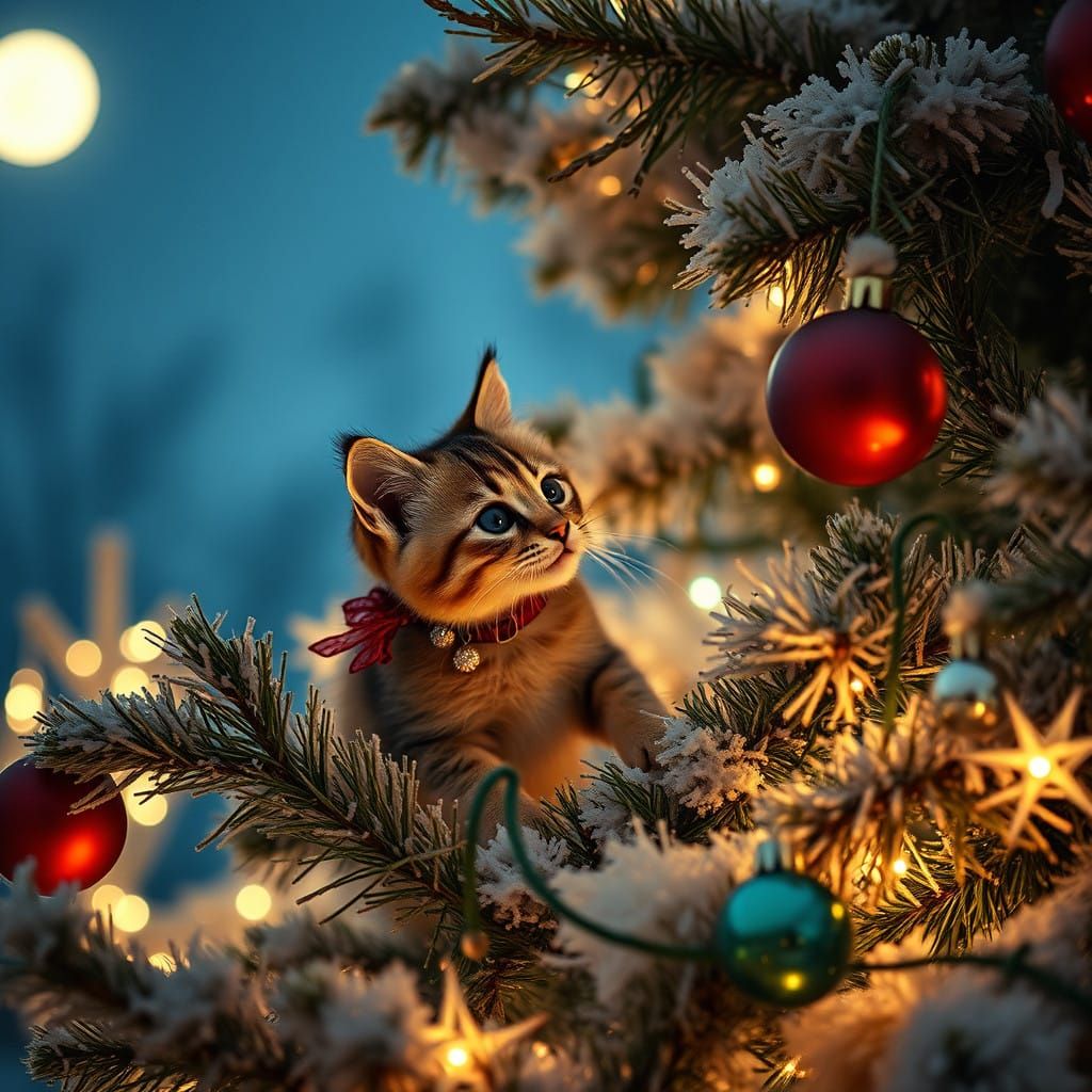 Whimsical Kitten Adorns Christmas Tree in Moody Cinematic St...