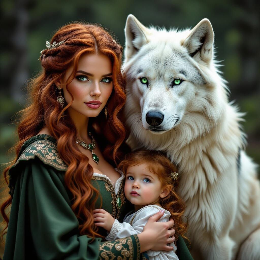 Medieval Woman with Wolf in Forest, Digital Art
