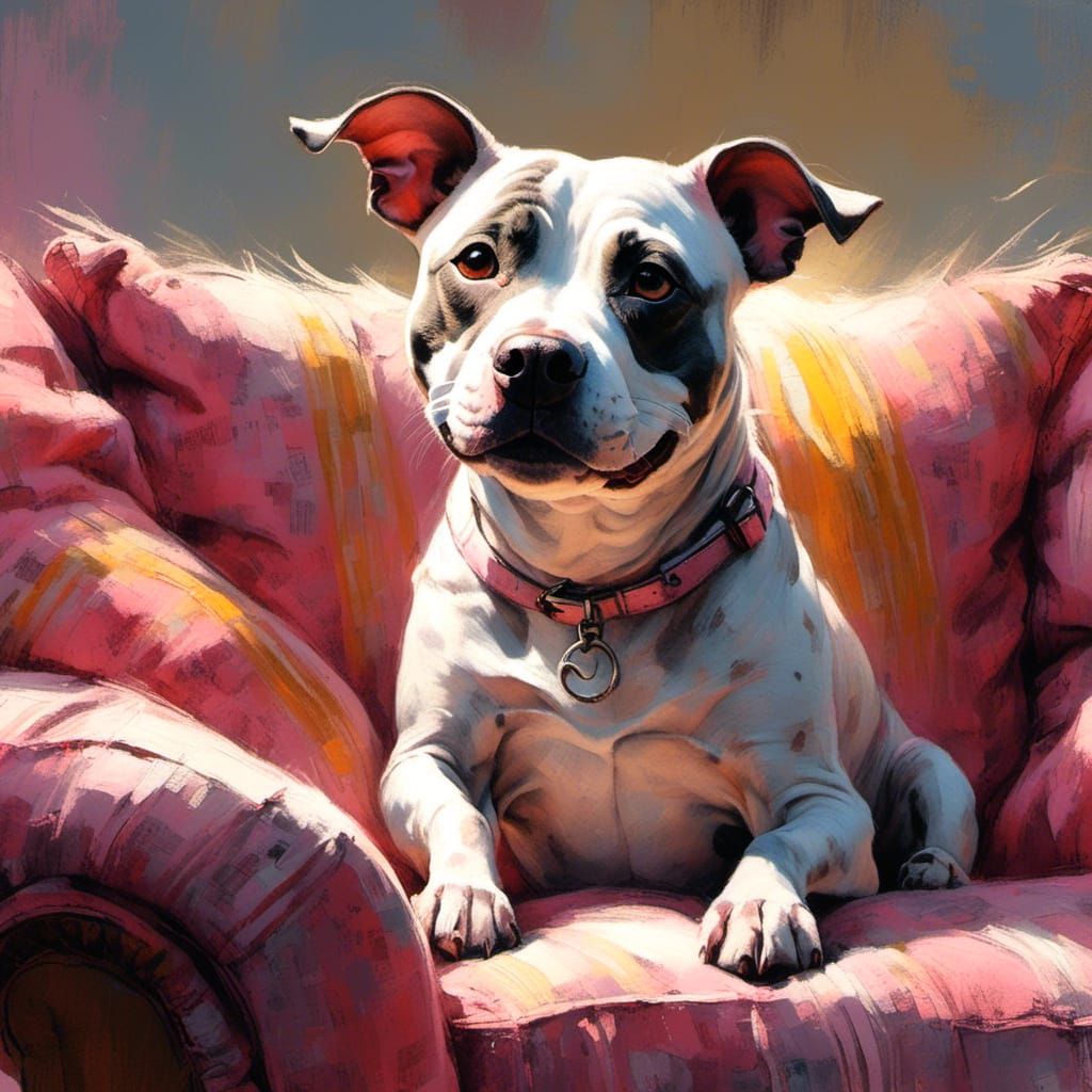 Happy Staffy Dog Lounging in Sunlight