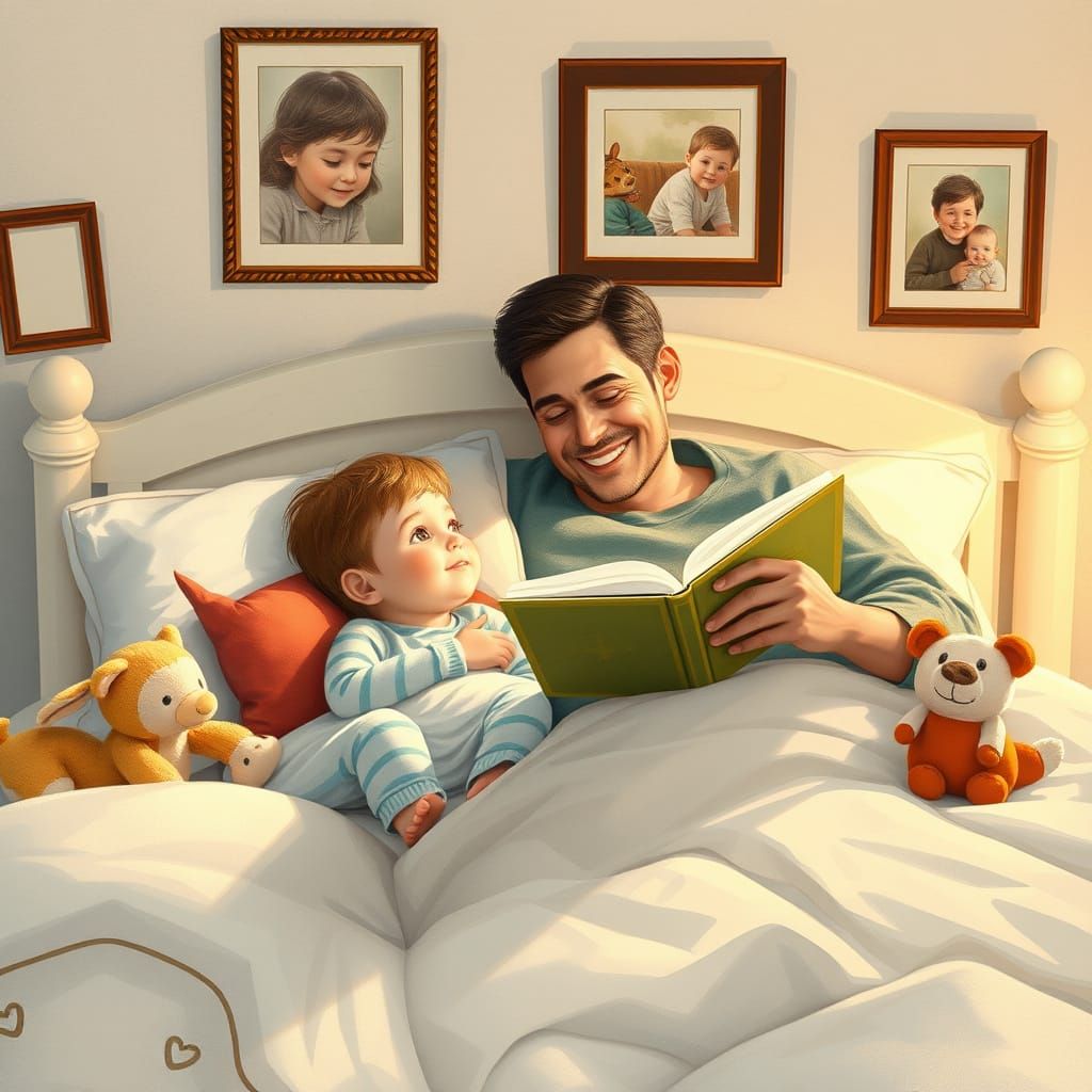 Bedtime Story with Dad in Classic Illustration Style