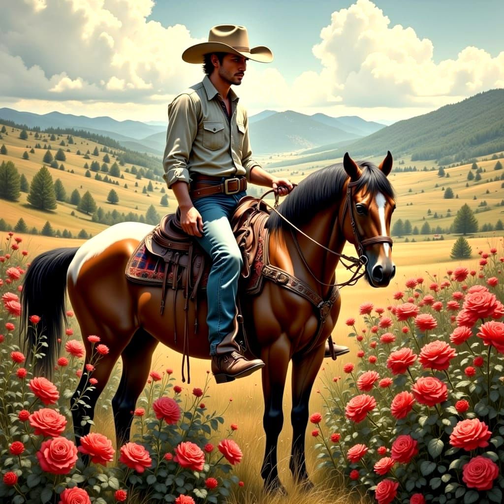 Surreal Cowboy Surrounded by Vibrant Roses in a Western Ranc...