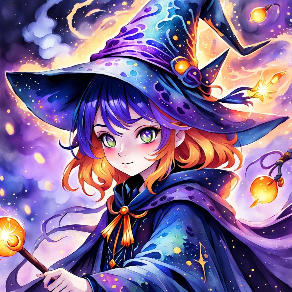 Anime Witch Girl with Fireflies, Watercolor Style