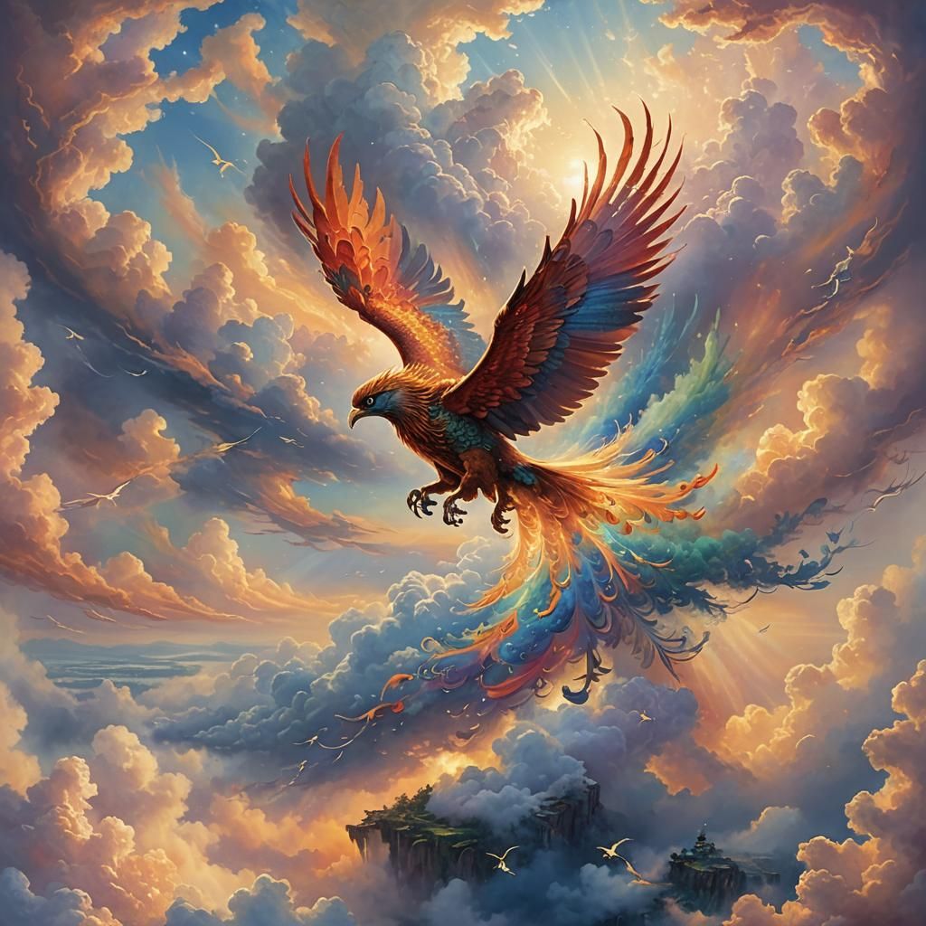 Phoenix Soaring Through Ethereal Sky, Fantasy Art