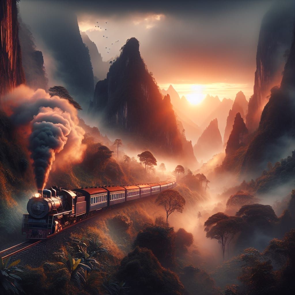 Vintage Steam Engine Train in Foggy Mountain Passes at Sunri...