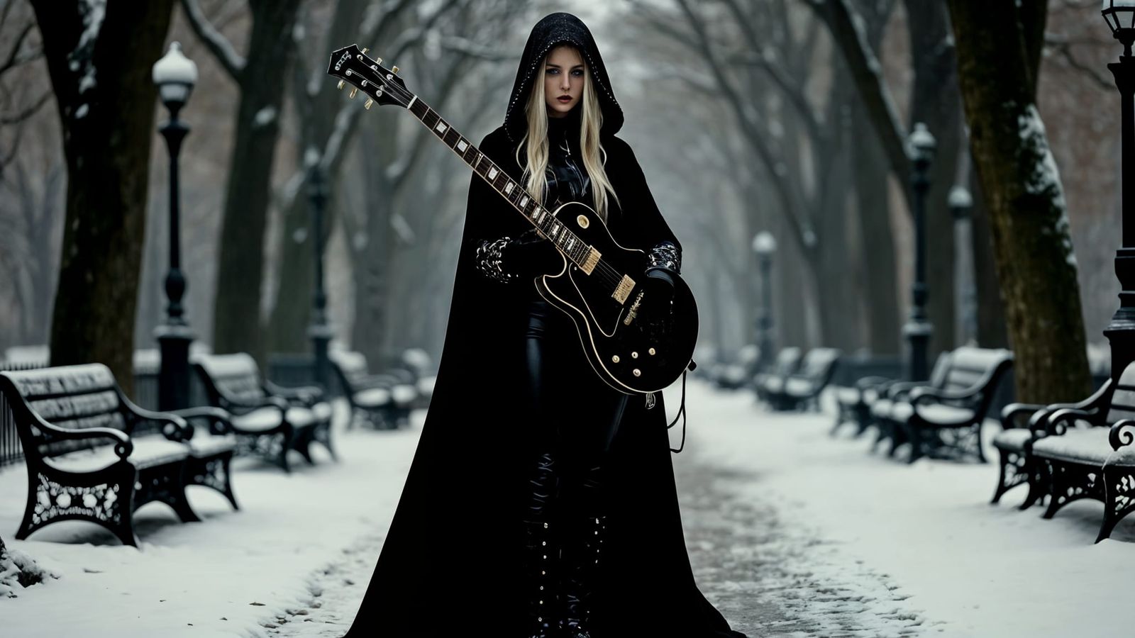 Goth Goddess Plays Guitar in Snowy City Park