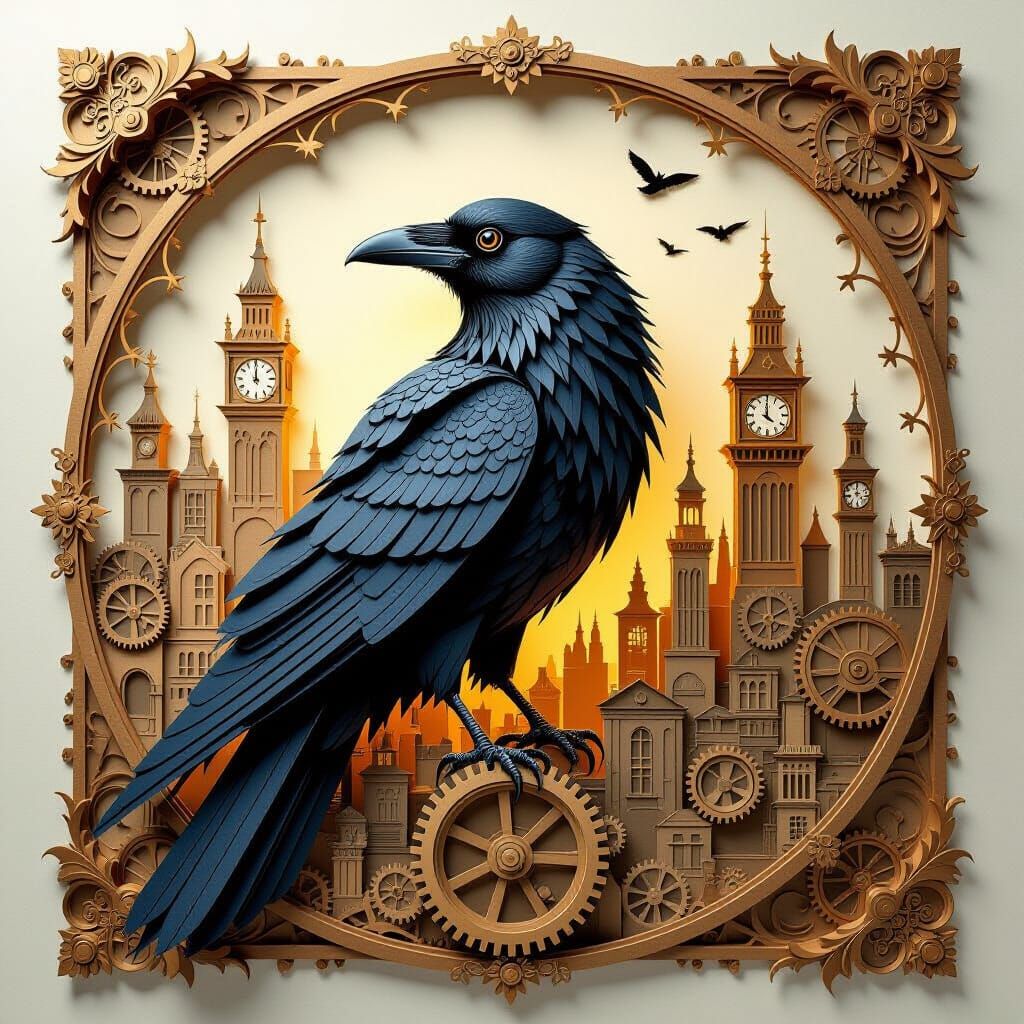 Steampunk Paper Raven Explores Folded City