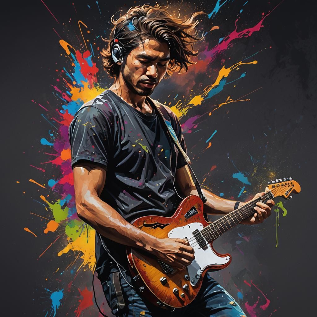 Hyperrealistic Guitarist Portrait with Splash Art
