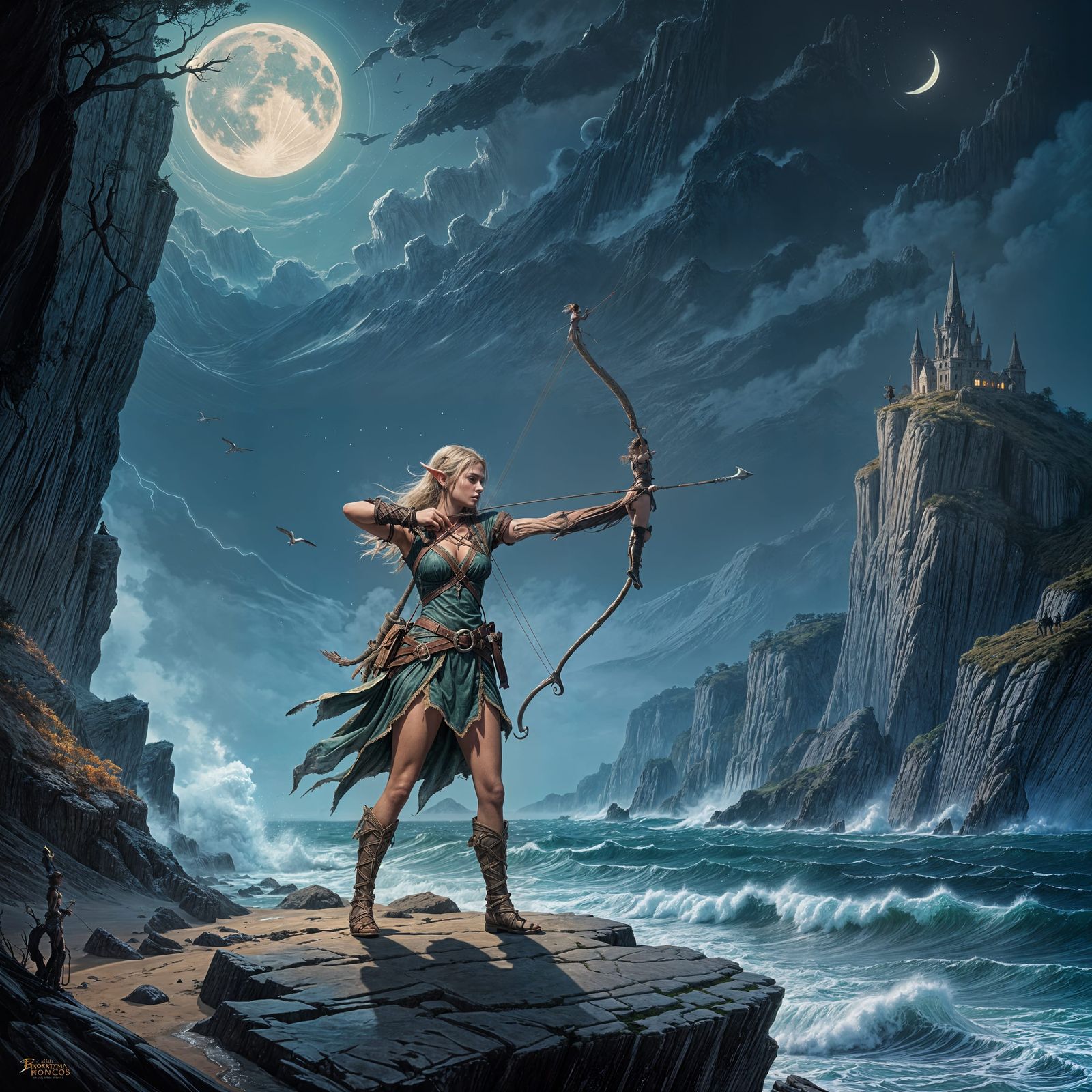 A lone elven archer stands on a cliff overlooking a moonlit ...