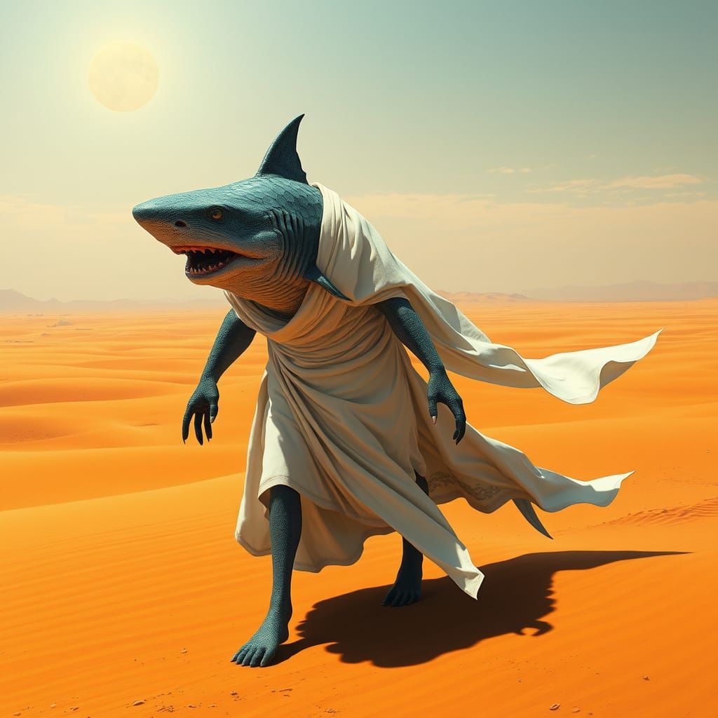 Surreal Shark Walks Desert in Dark Sci-Fi Style