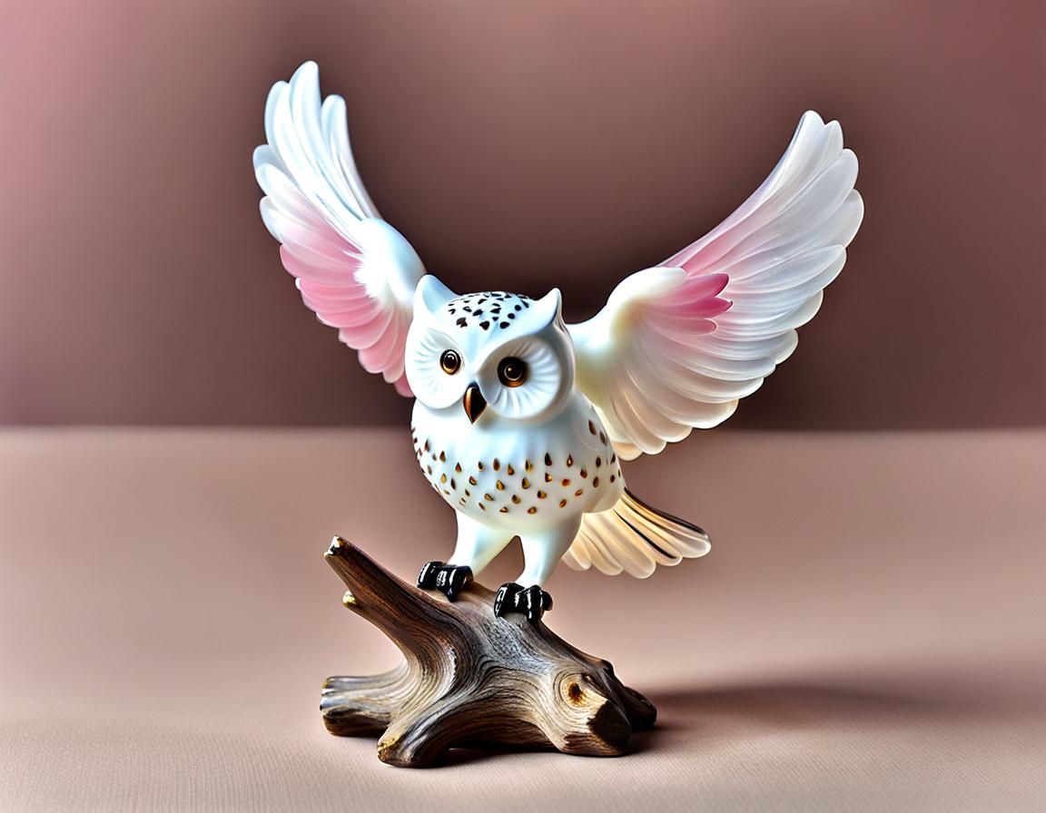 Enamelled Glass Owl Figurine on Floral Branch