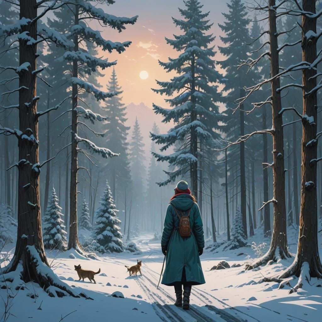 Cozy Winter Scene with Snowy Forest and Ethereal Mist