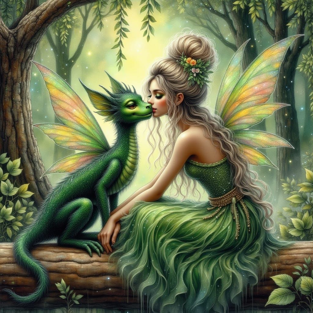 Fairy Kisses Dragon in Enchanted Forest