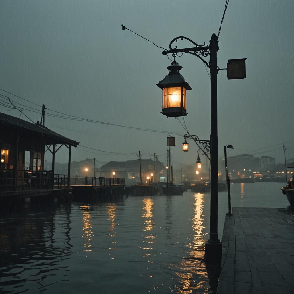 Atmospheric Lantern Light Reflecting on Dark Water