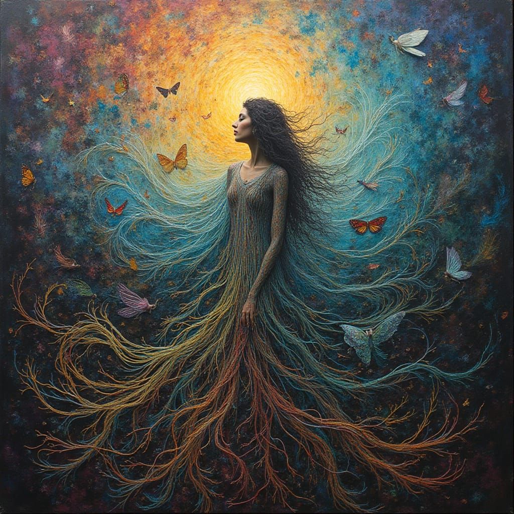 Ethereal Figure Surrounded by Kaleidoscopic Threads in Surre...