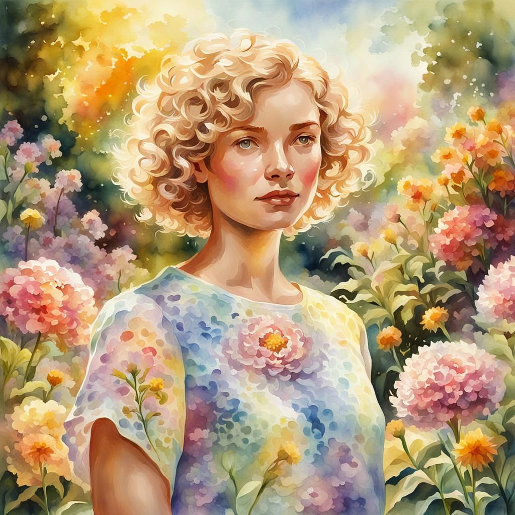 Woman in Sunny Garden: Hyperrealistic Watercolor Oil Paintin...
