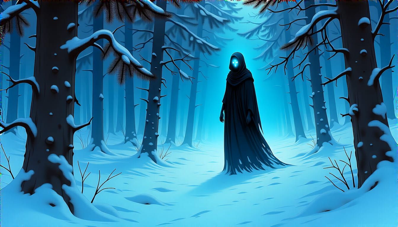 Ethereal Figure Drifts Through Snow-Covered Forest