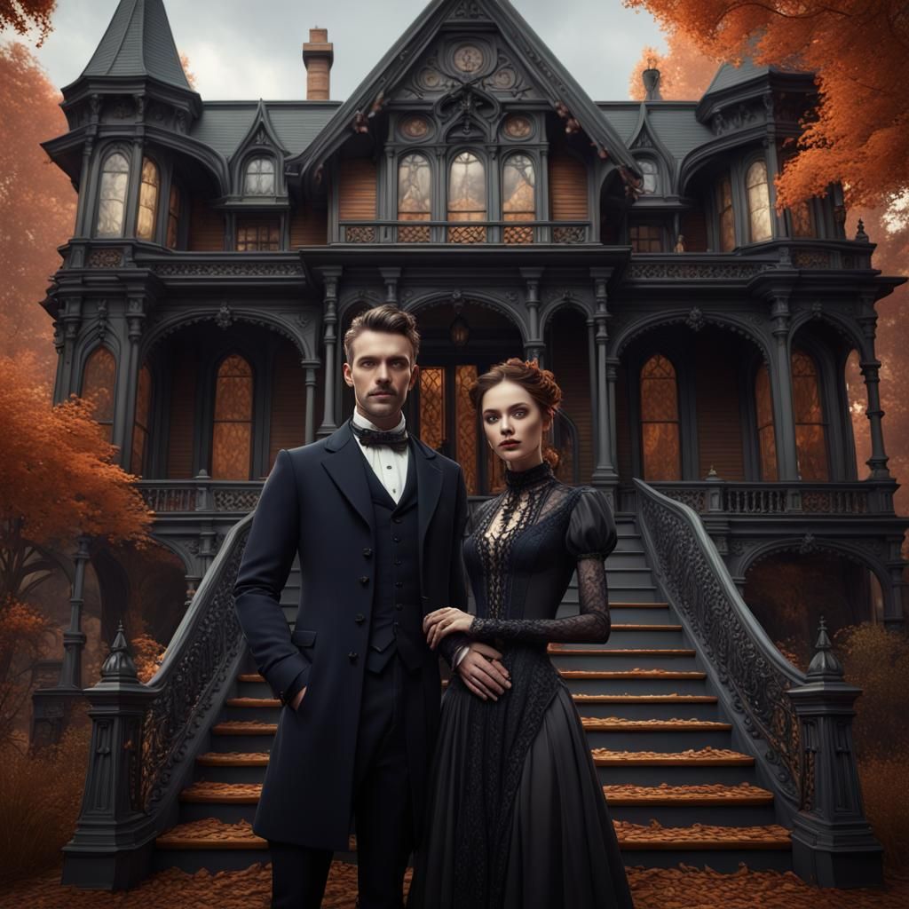 Victorian Gothic: A Couple in Autumn, Detailed Matte Paintin...