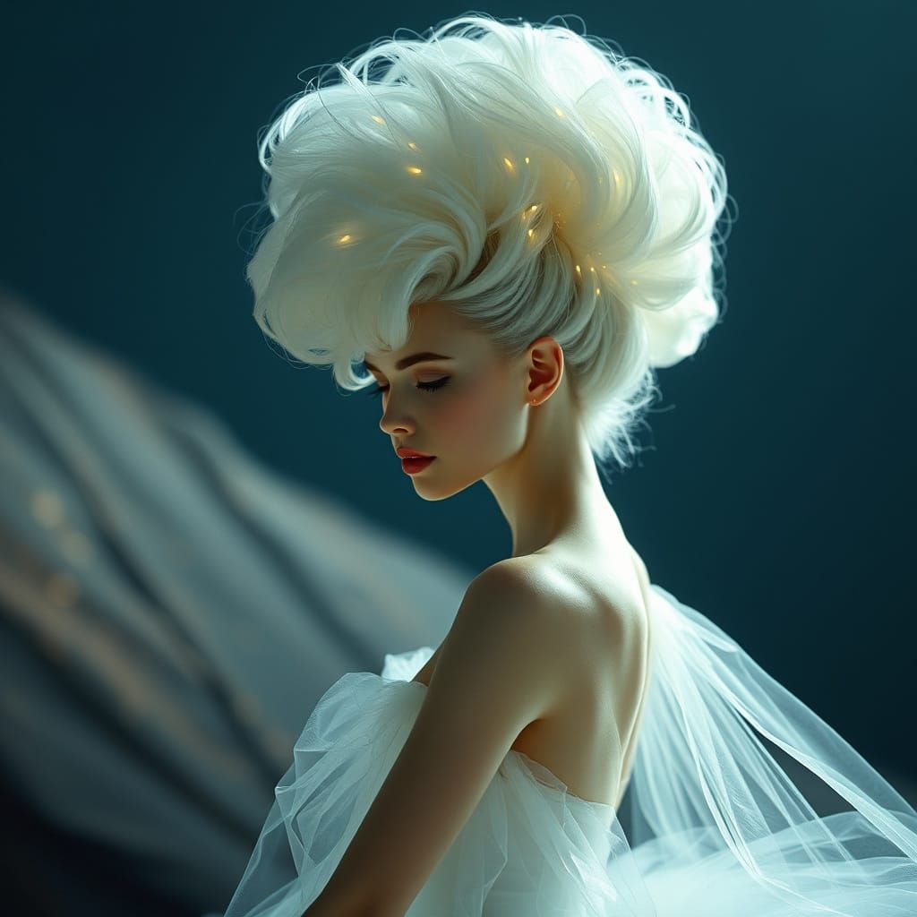 Ballerina with Glowing Hair in Ethereal Landscape