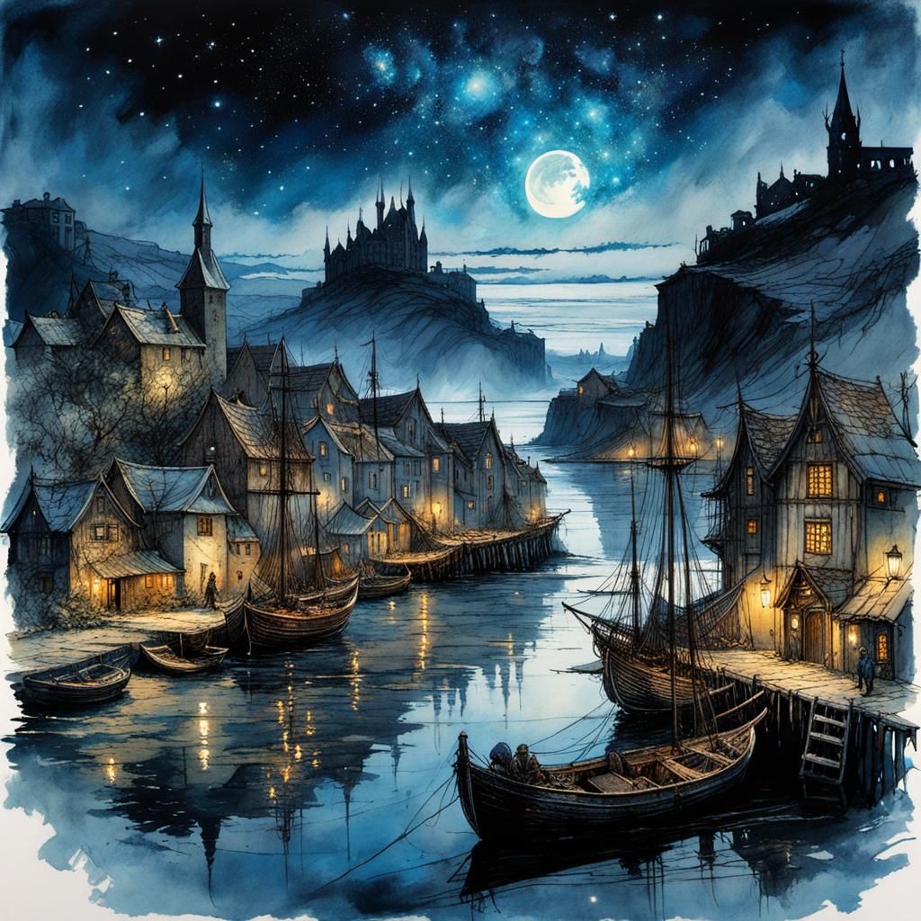 Medieval Port Town Under Starry Sky, Detailed Art