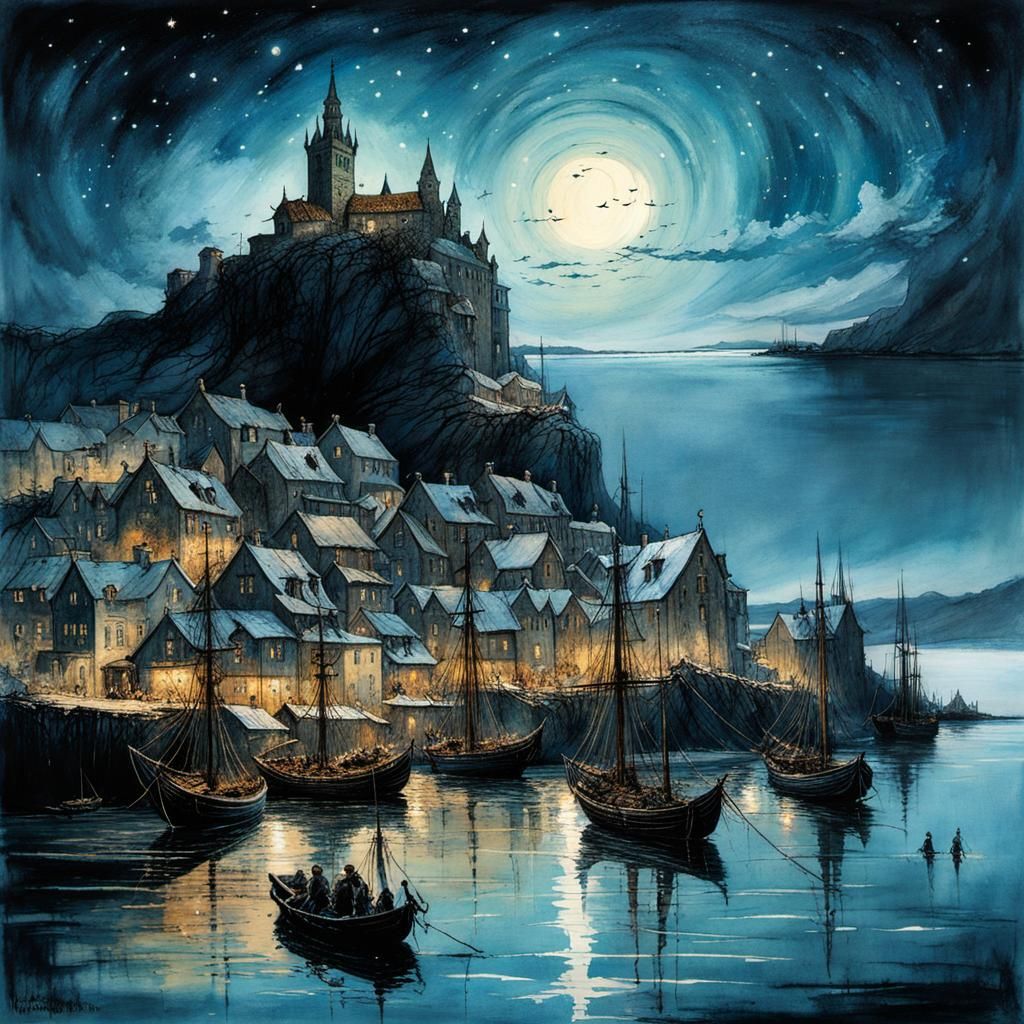 Medieval Port Town Under Starry Sky