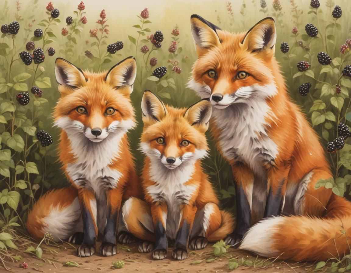 Fox Family Playing in a Berry Hedge